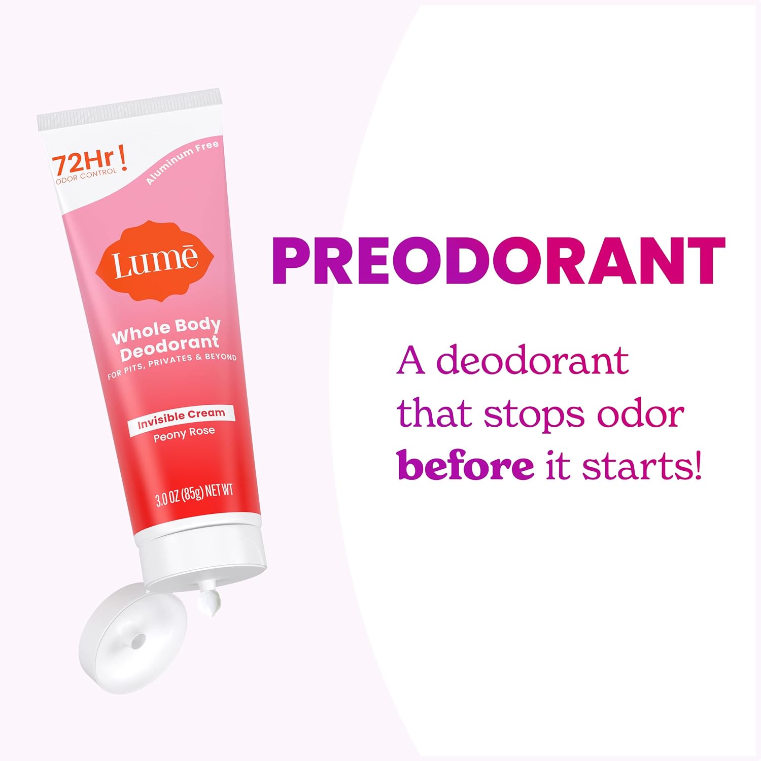 Lume Whole Body Deodorant - Invisible Cream Tube - 72 Hour Odor Control - Aluminum Free. Baking Soda Free. Skin Safe - 3.0 ounce (Pack of 2) (Peony Rose)